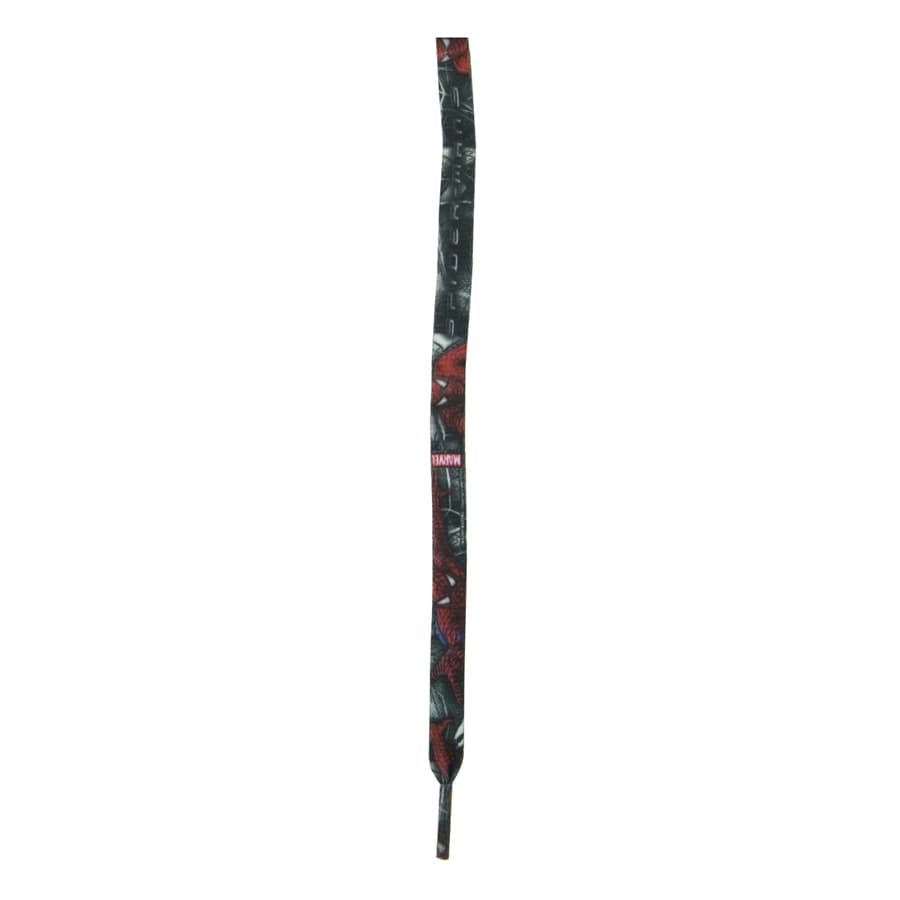 A shoe lace in a vibrant black and red design, featuring a logo at one end.