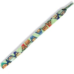 A pair of colourful shoe laces featuring a vibrant pattern with various designs. The product includes a logo.