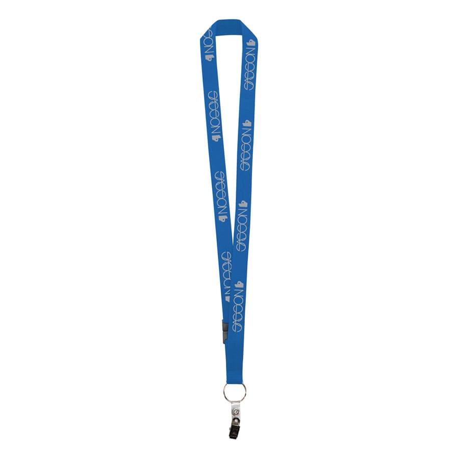 A blue custom lanyard featuring a logo, designed with a flat, wide strap.