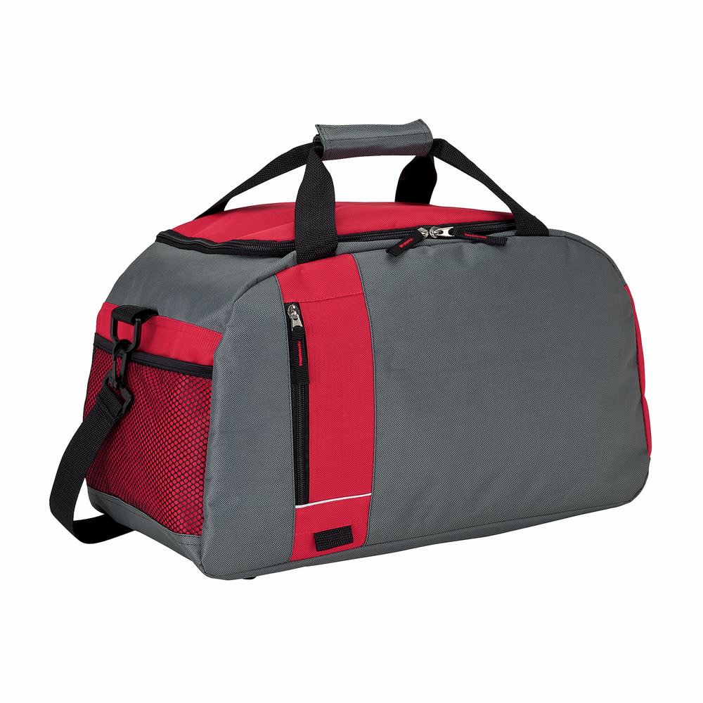 A duffle bag in grey and red with a shoulder strap, zippers, and a mesh pocket. Features a logo on the side.