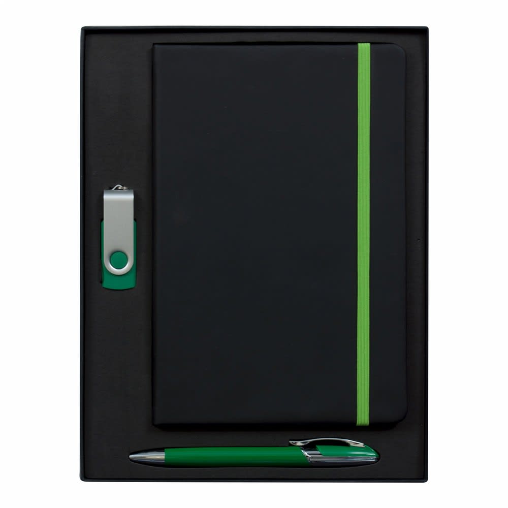 A black notebook with a green elastic band, a green pen, and a green USB flash drive in a black gift box.