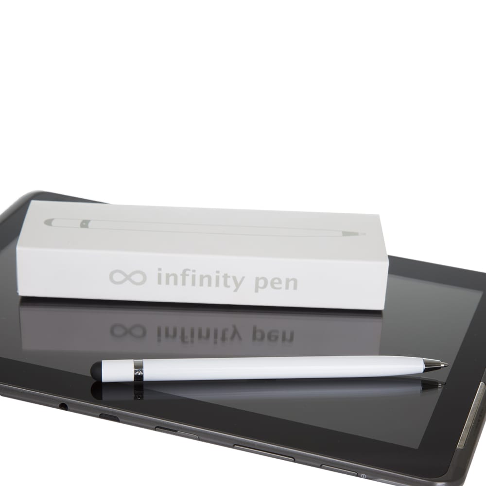 A white pen rests on a tablet, alongside a sleek white box labelled with a logo.