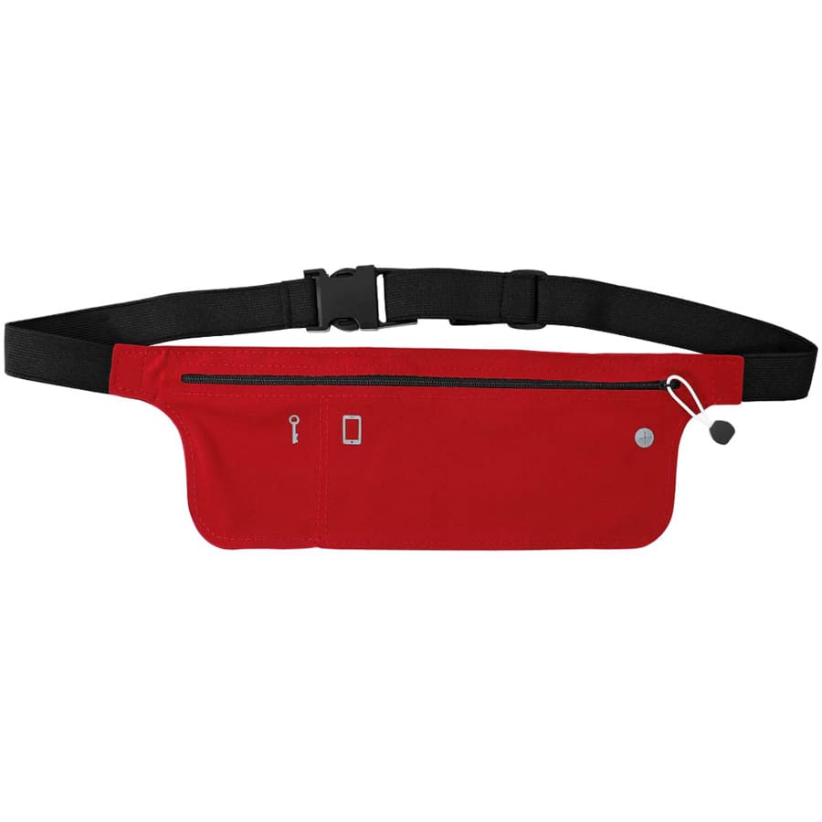 A red Lycra fitness belt with a black adjustable strap and a zippered pocket. It has a small branding logo.