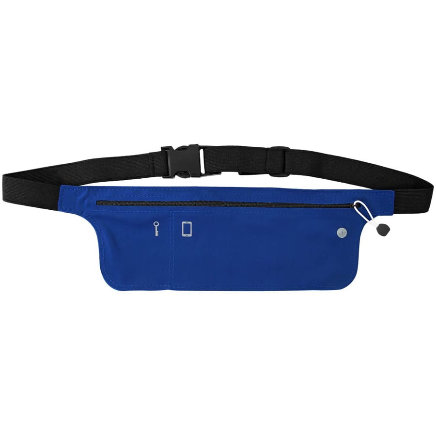 A blue Lycra fitness belt with a secure zip pocket and adjustable black strap. It features a logo on the side.