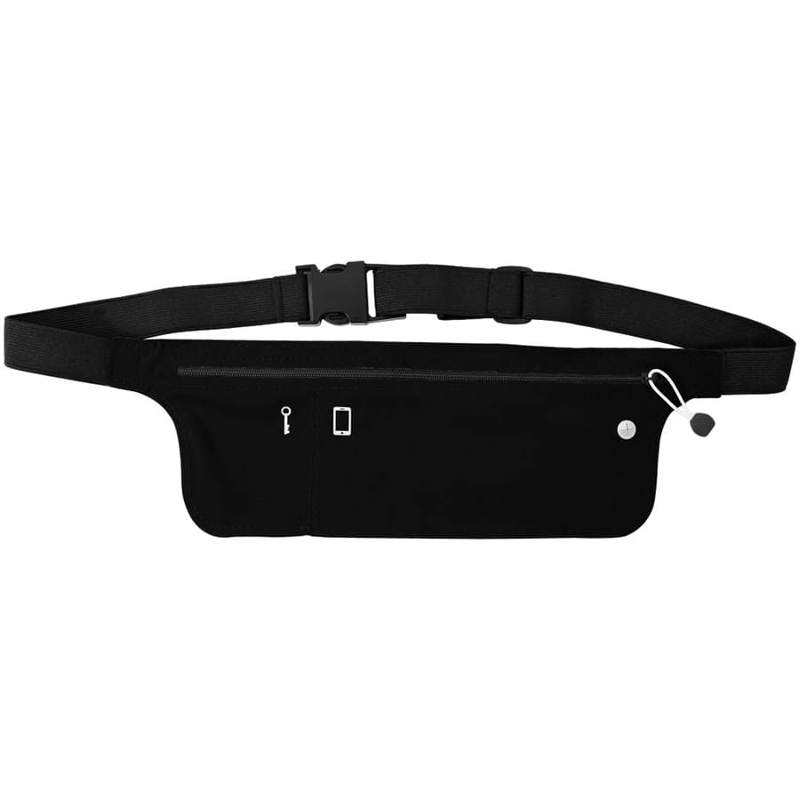 A black Lycra fitness belt featuring a front pocket, key holder, and adjustable strap. It has a logo.