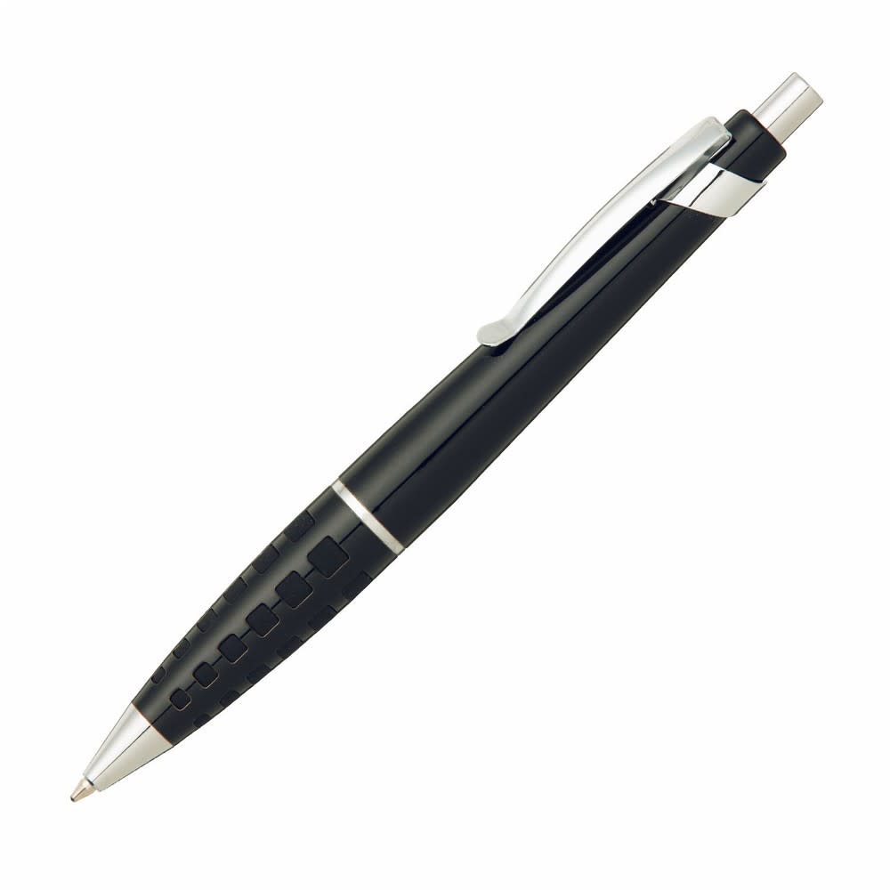 A black pen with a textured grip and silver accents, designed for smooth writing. It features a logo on the body.