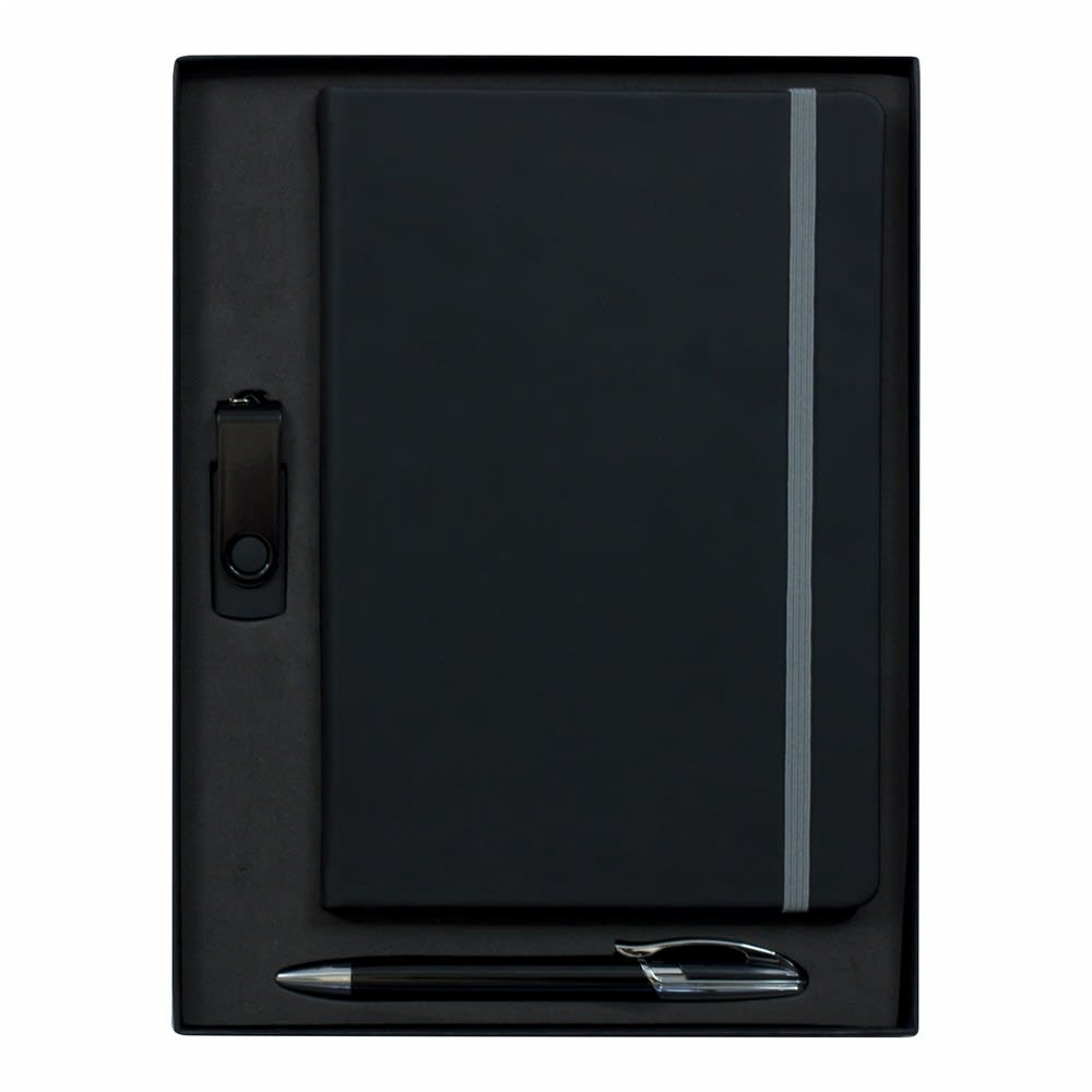 A black gift set featuring a notebook, a metal pen, and a USB drive in a sleek black box.