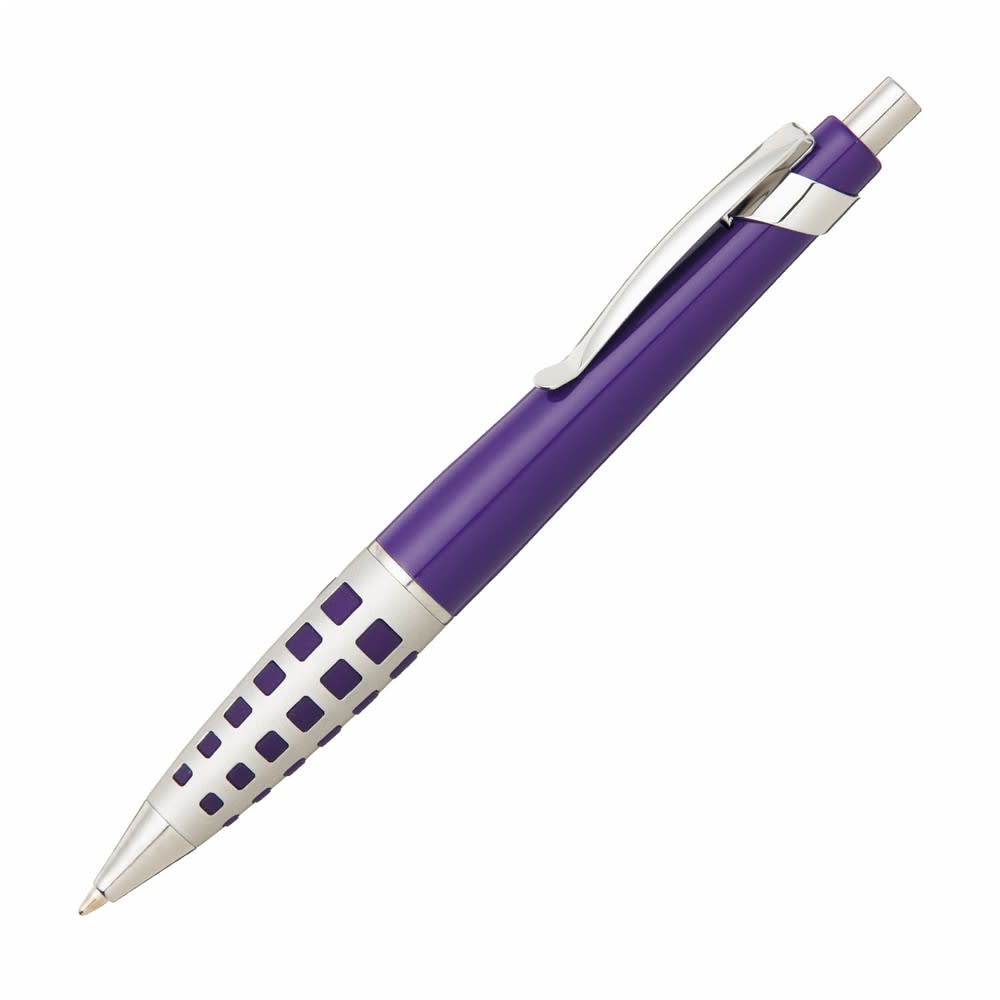 A purple pen with a silver grip and clip, featuring a patterned barrel design. It has a logo on the side.