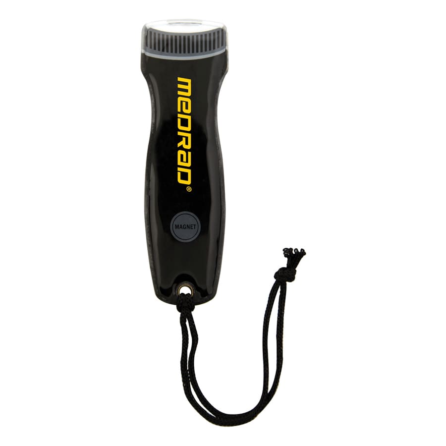 A black magnetic flashlight with a textured grip and a wrist strap, featuring a logo on its side.