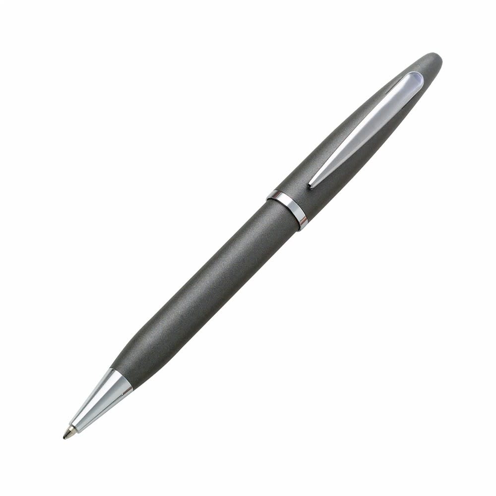 A metal pen in a sleek dark grey finish with a silver clip and tip. It features a logo on its body.