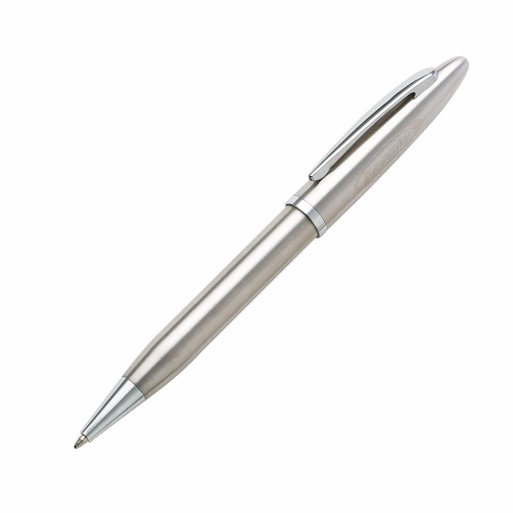 A metal pen with a sleek silver finish and chrome accents, featuring a clip and a logo.