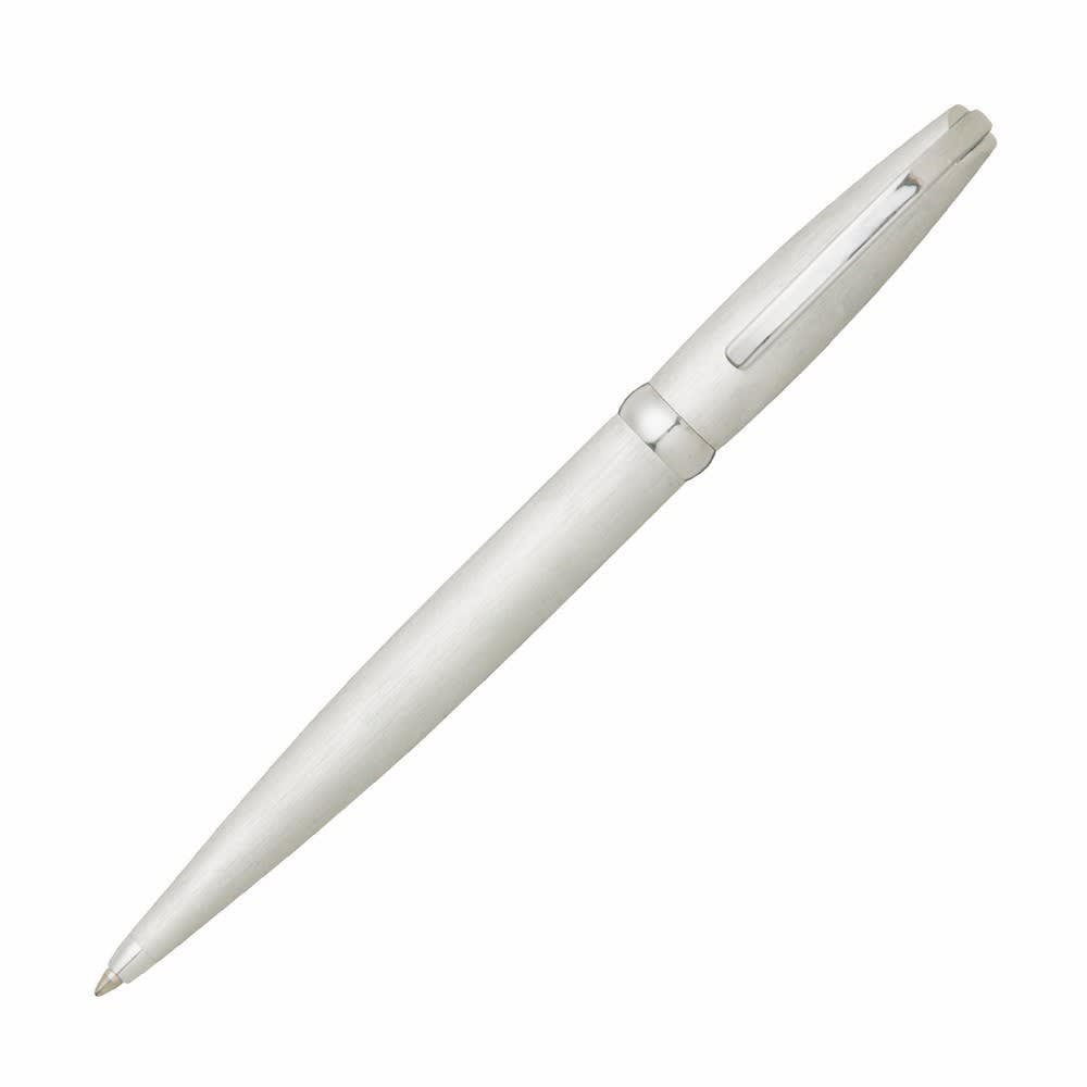 A silver pen with a sleek design and a clip, featuring a subtle logo on the body.