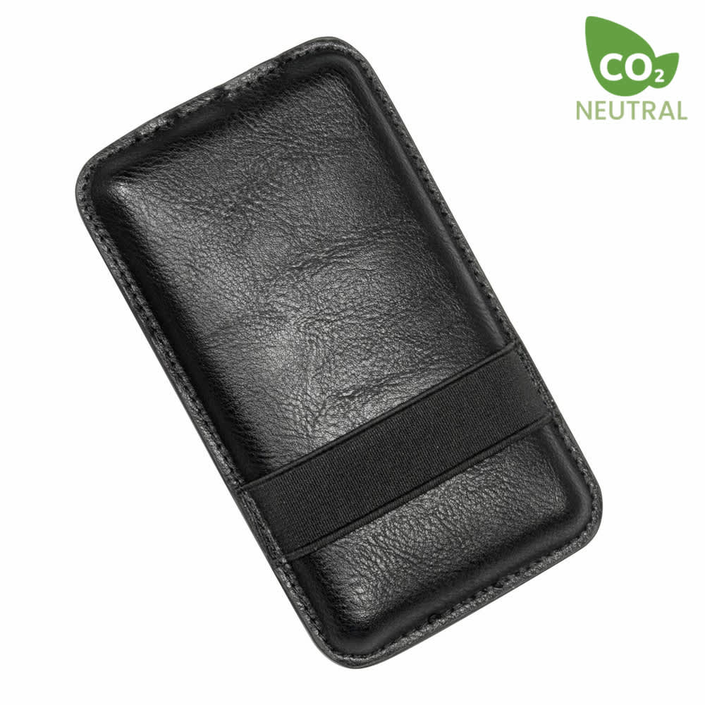 A black leather cardholder with a secure elastic band, featuring a CO2 neutral logo on the side.