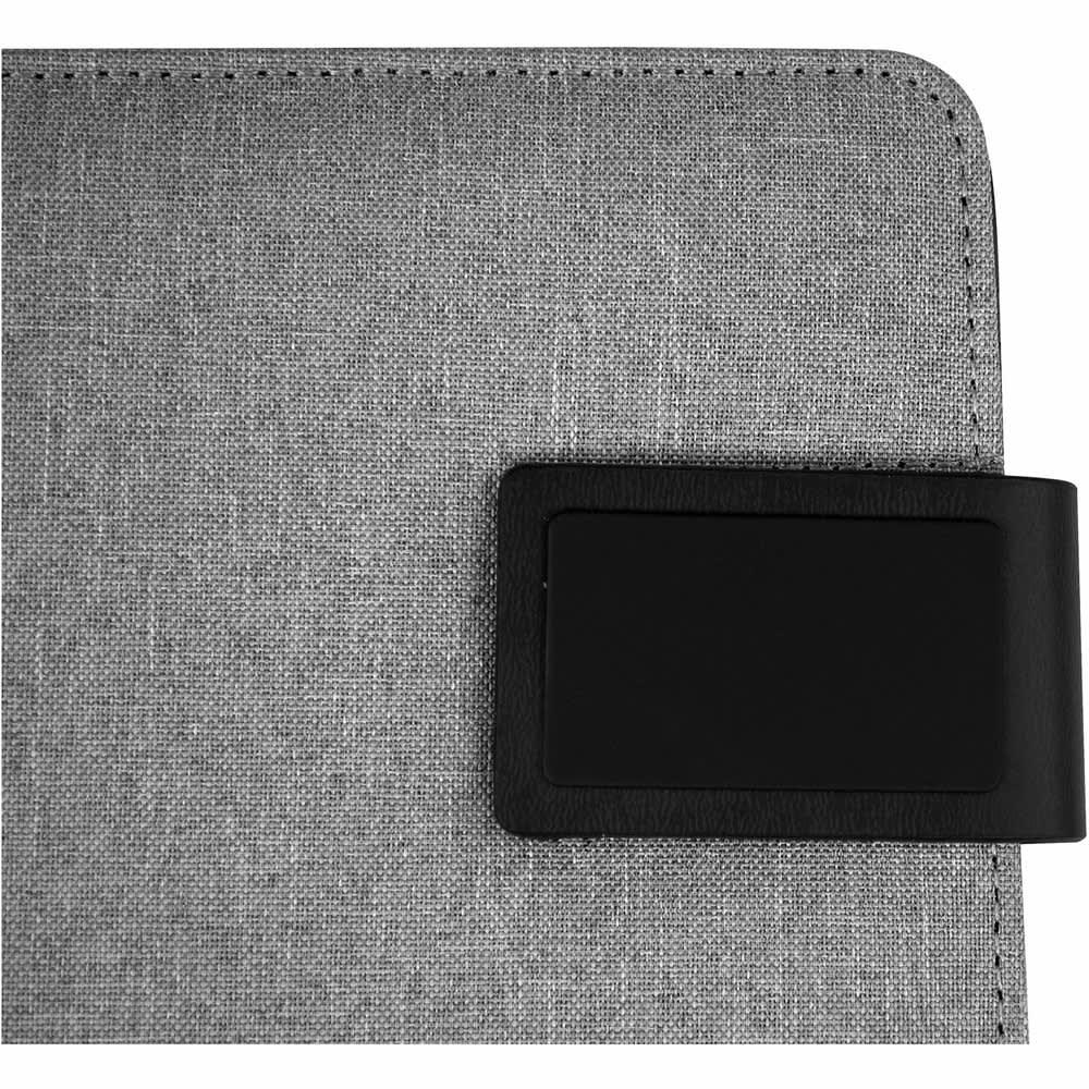A grey portfolio with a textured fabric finish and a black fastening mechanism. It features a logo on the front.