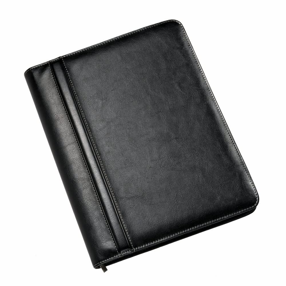 A black deluxe case designed for a BBQ set, featuring a sleek leather-like finish with a zipper closure.
