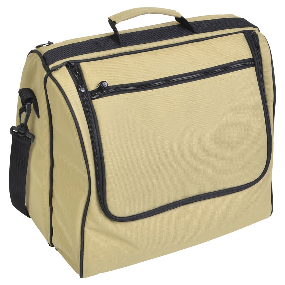 A beige picnic basket with a black zippered front pocket and a detachable shoulder strap. Features a carry handle.