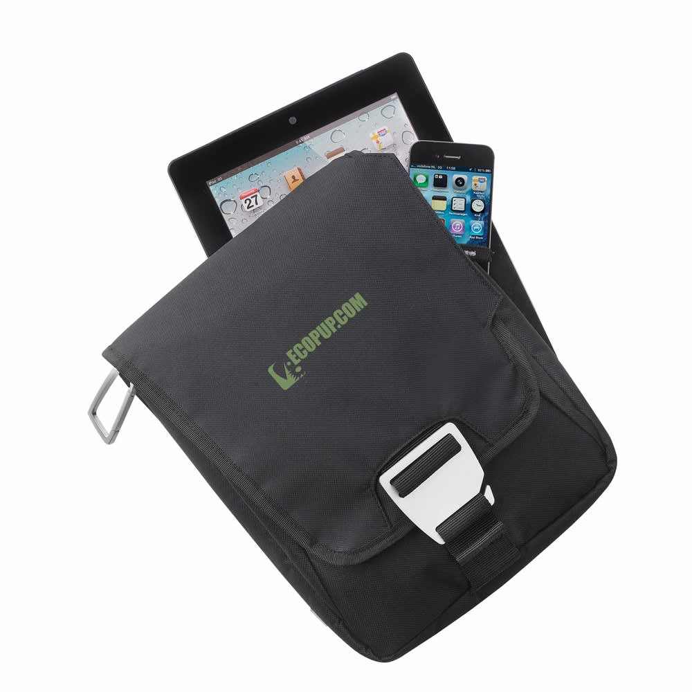 A black compendium holding a tablet and a smartphone, featuring a front clip and a logo.