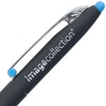 A black pen with a blue tip and a silver clip, featuring a logo on the barrel.