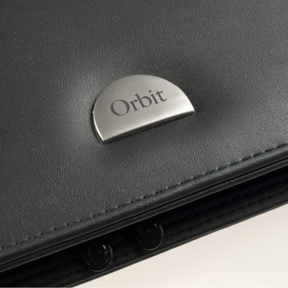 A black document folder with a metallic circular logo. The folder has a sleek, textured design.
