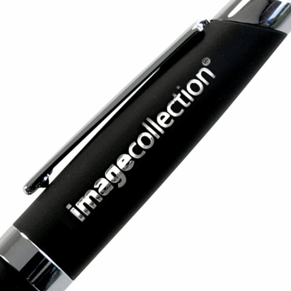 A metal pen with a black grip and silver accents, featuring a branding logo on the barrel.