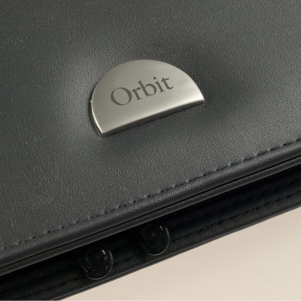 A black portfolio with a metallic logo in a half-moon shape, featuring the word 