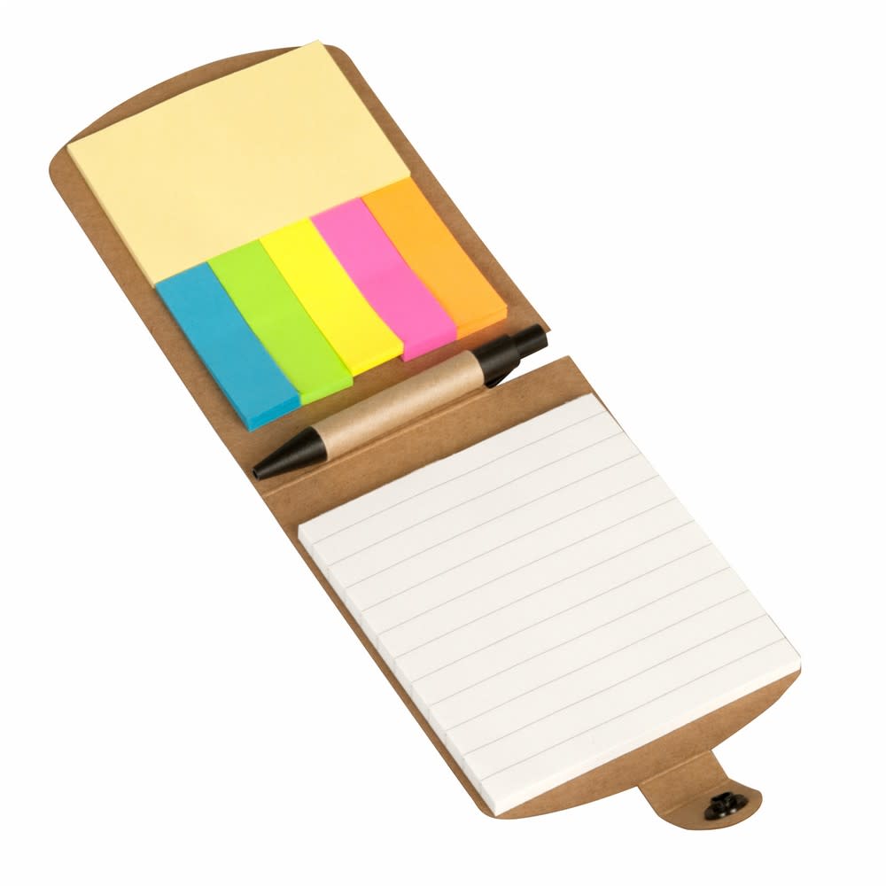 A notepad with lined pages, a pen, and bright sticky notes in pink, green, blue, and yellow, all in a brown cover.