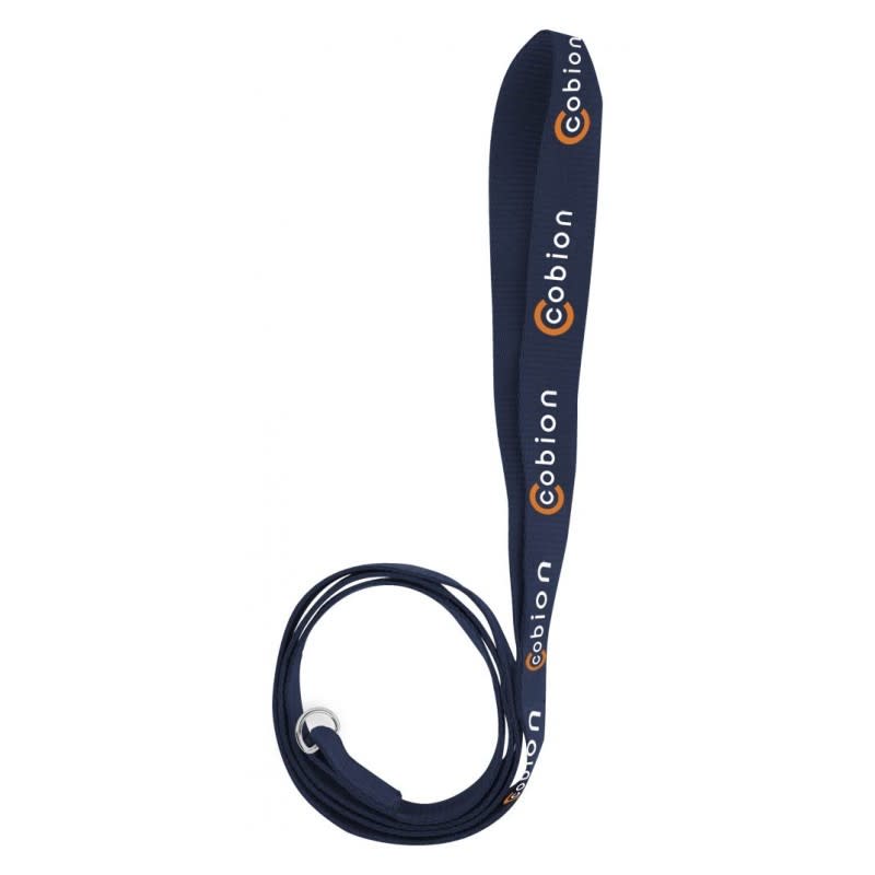A navy dog leash, 1.1M long and 19mm wide, featuring a logo.