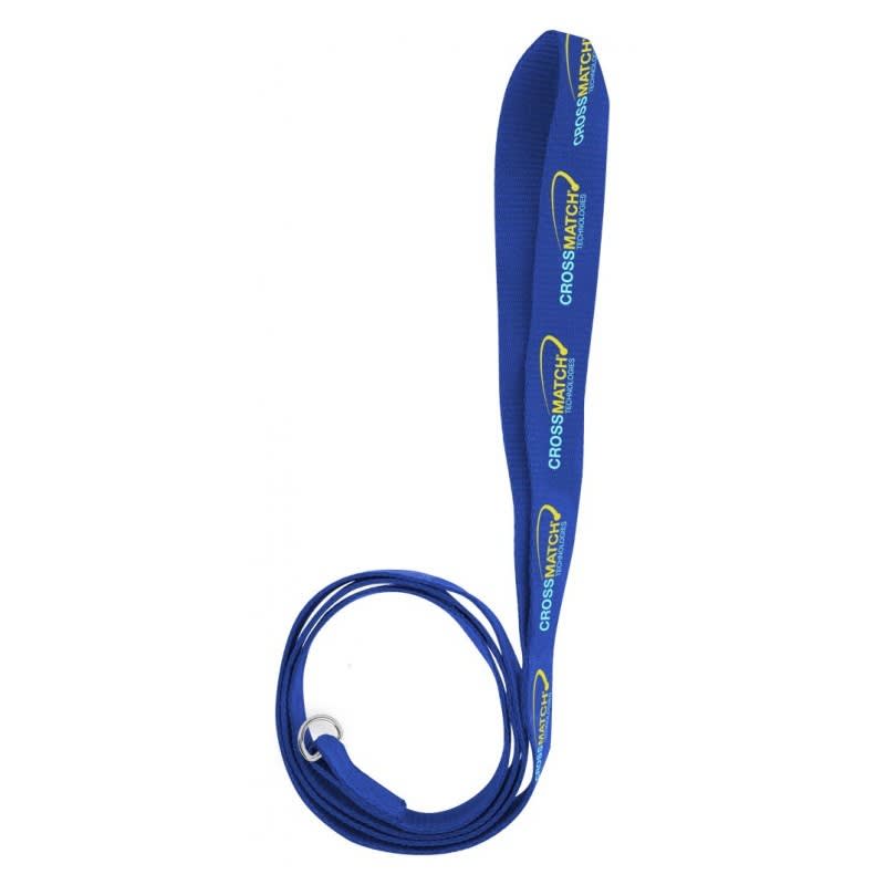 A blue dog leash, 1.1M in length and 19mm wide, featuring a logo along its length.