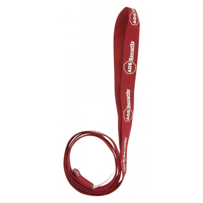 A red dog leash measuring 1.1 metres in length, featuring a logo along its length.