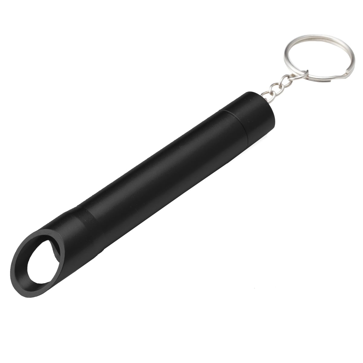 A drink bottle opener keychain in sleek black, featuring a loop for attaching to keys and a logo.