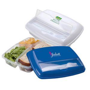 A blue and white three-section lunch box with compartments for salad, sandwiches, and snacks. It features a logo.