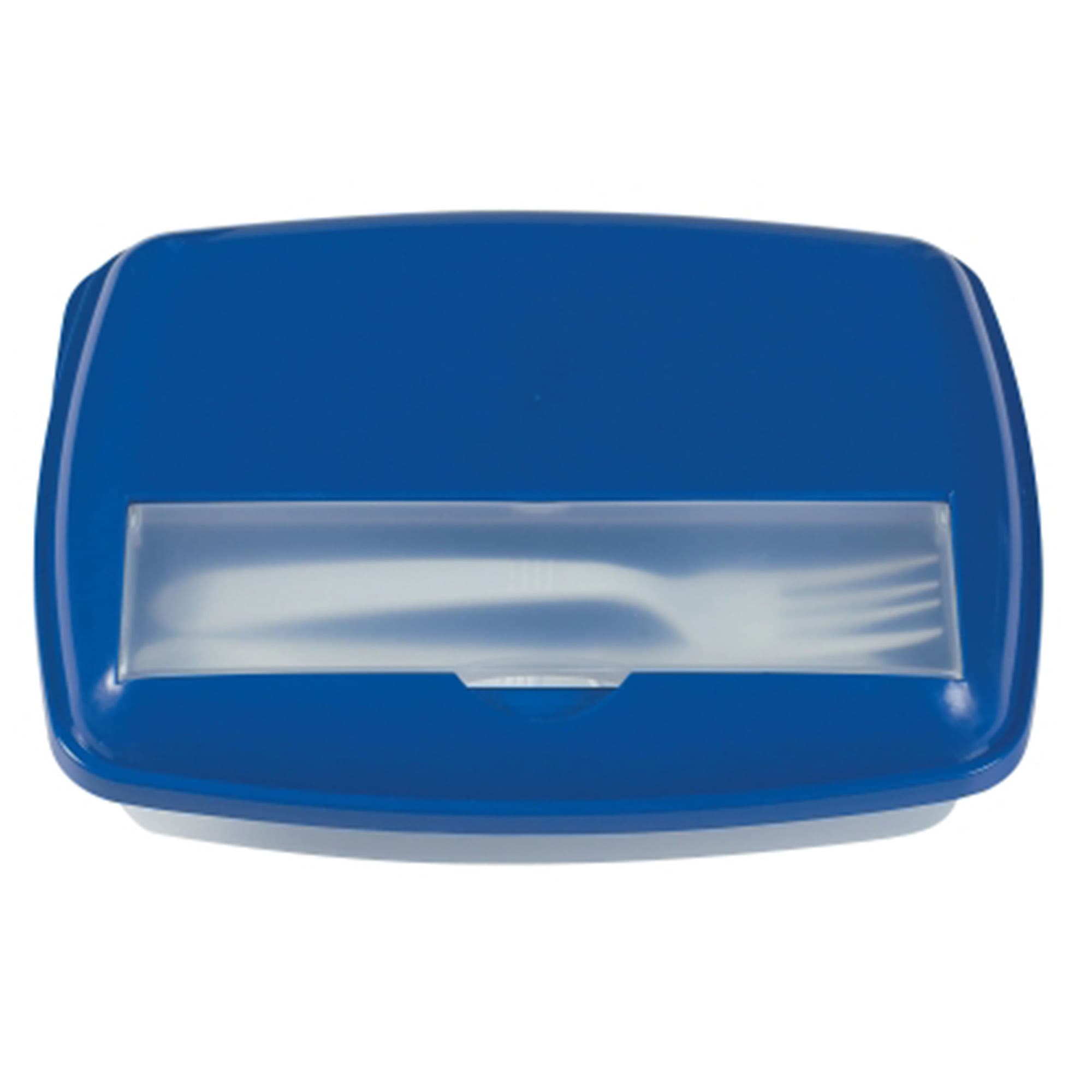 A blue three-section lunch box with a transparent lid and included fork inside. It has a logo on the top.