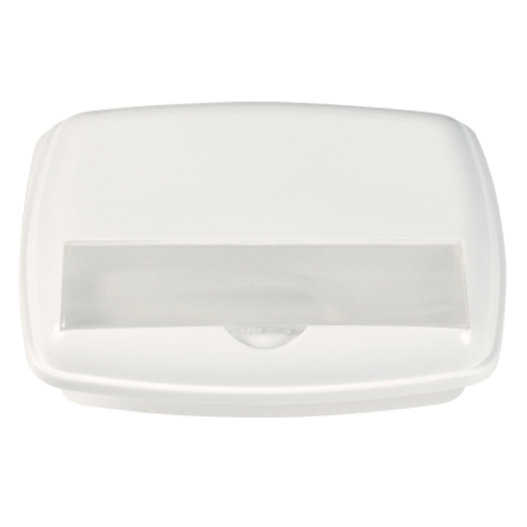 A white three-section lunch box with a transparent lid and a small logo.