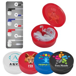 A set of white earbuds in a round red container, accompanied by colored earbud options displayed on a card.