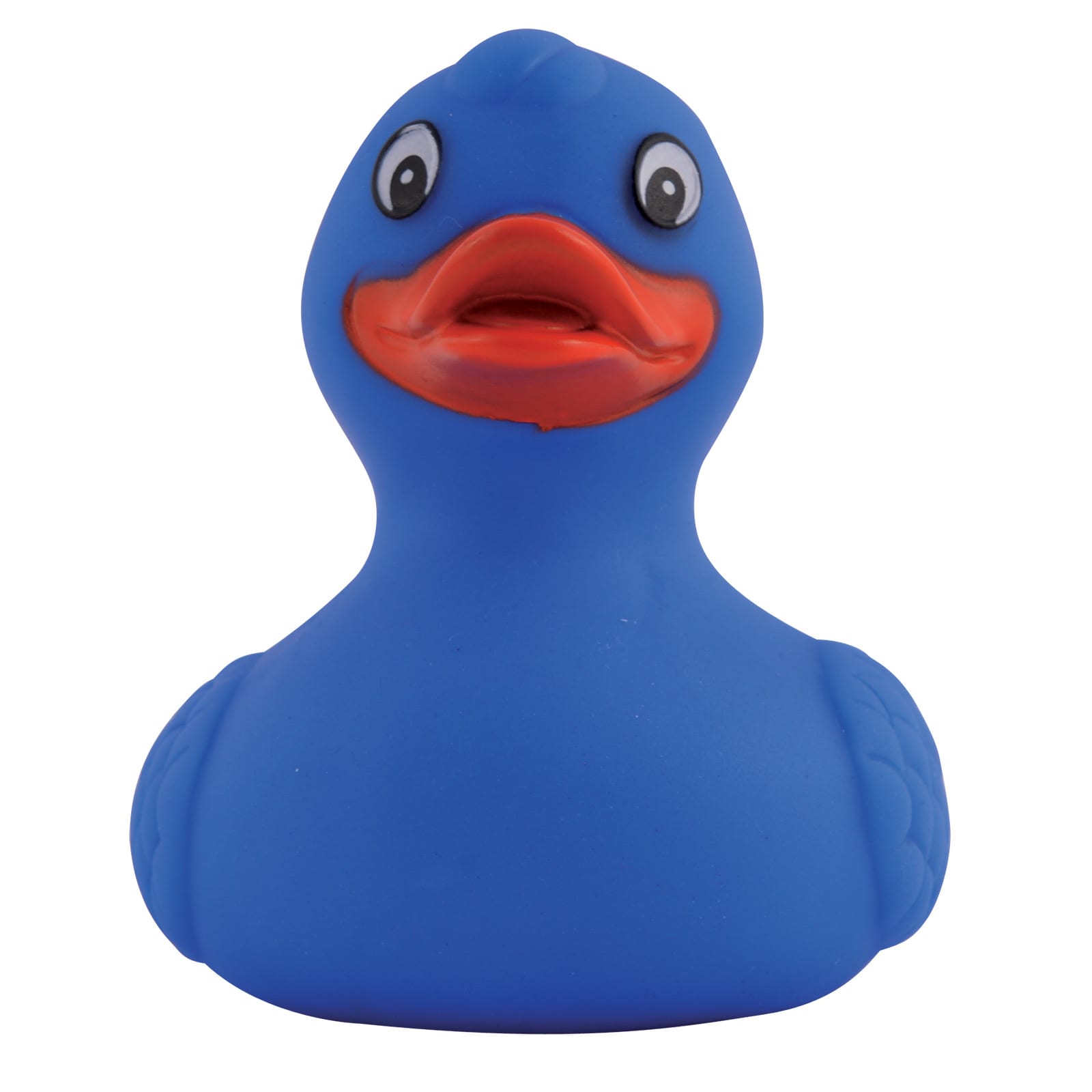 A blue PVC bath duck with a smiling face and a bright orange beak.