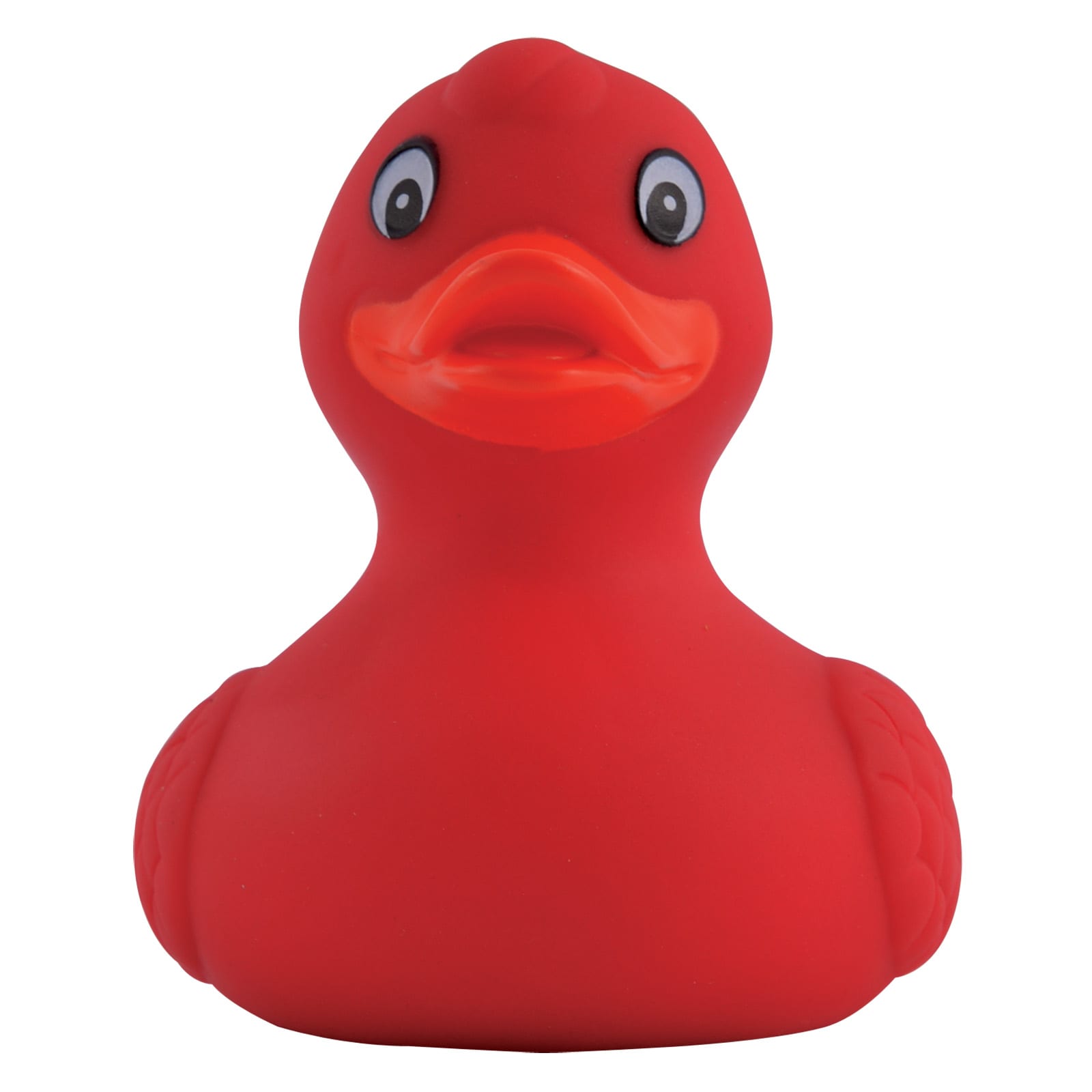 A bright red PVC bath duck with large eyes and a friendly expression, featuring a smooth surface and rounded shape.
