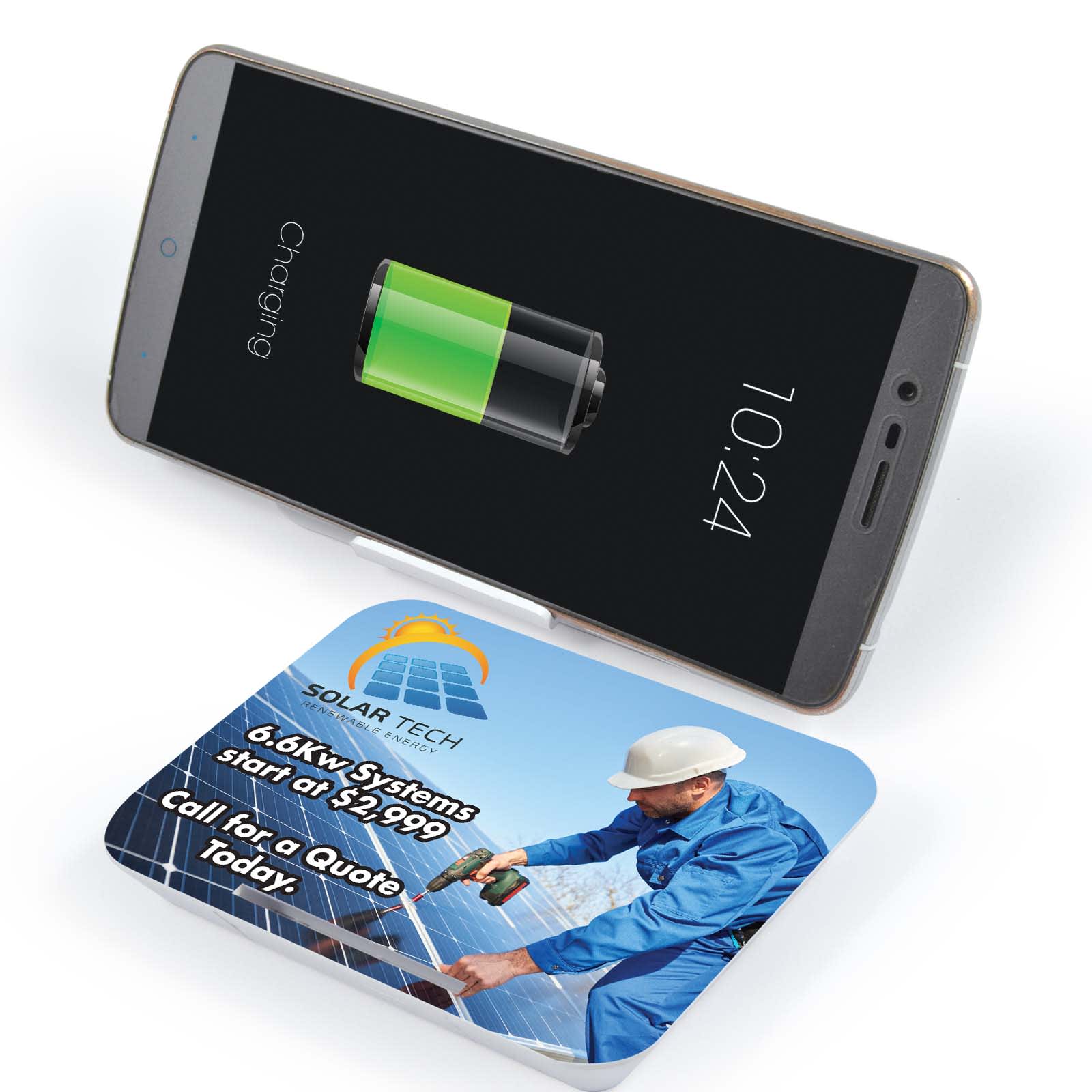 A wireless charger with a sleek design and a smartphone on top displaying a battery charging icon.