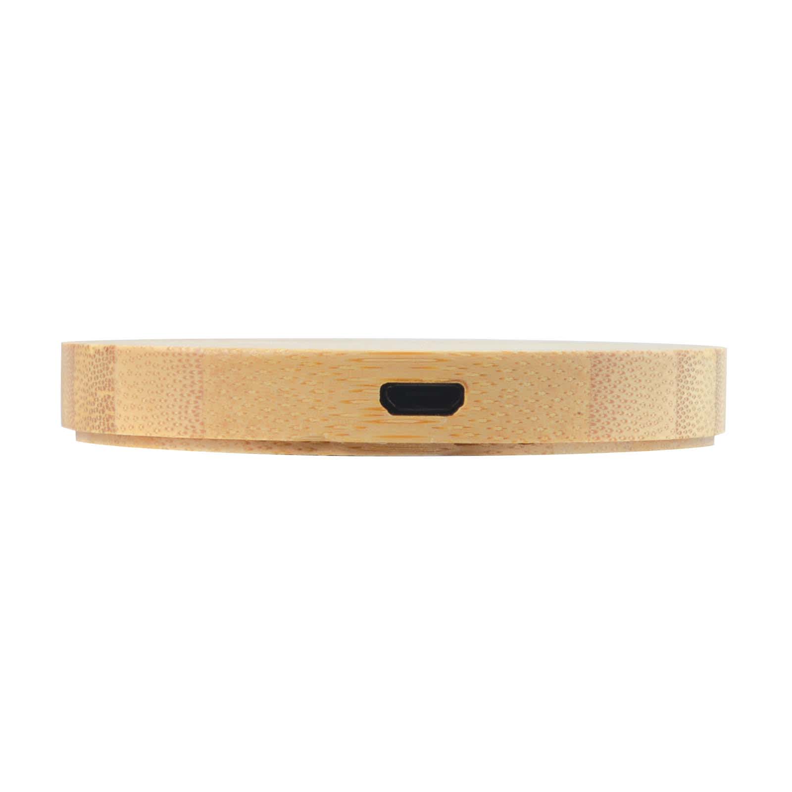 A round bamboo wireless charger with a sleek design featuring a charging port on the side.