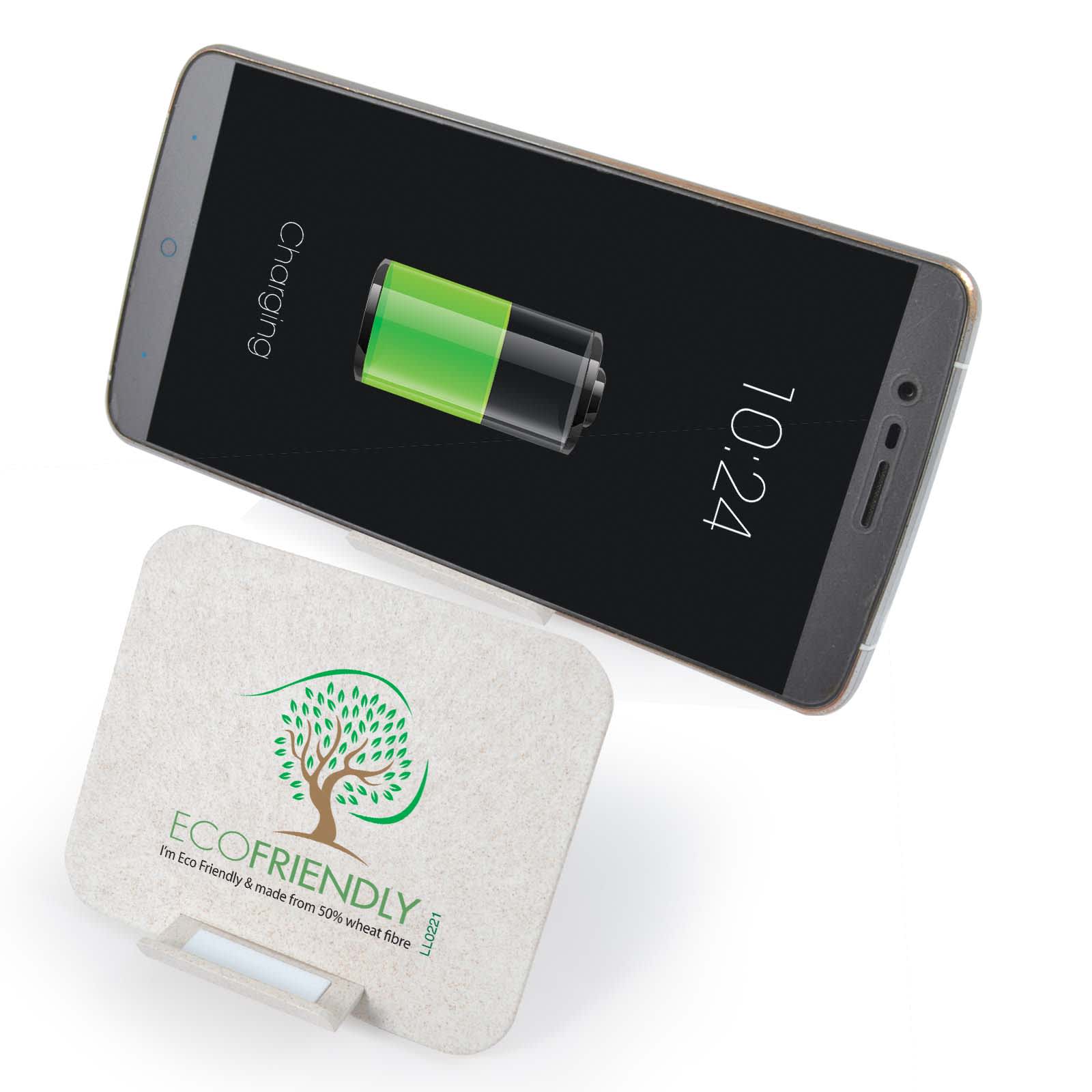 A wireless charger with a light gray base displaying an eco-friendly logo next to a smartphone showing a charging battery.