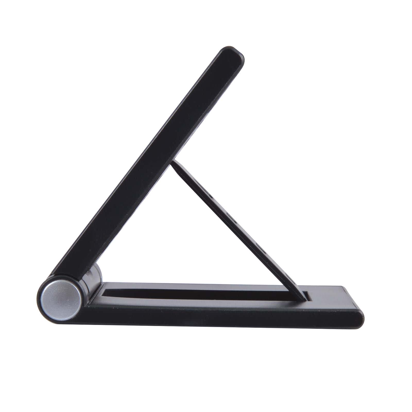 A black wireless charger with a sleek, foldable design and a circular base. It has a minimalist appearance.