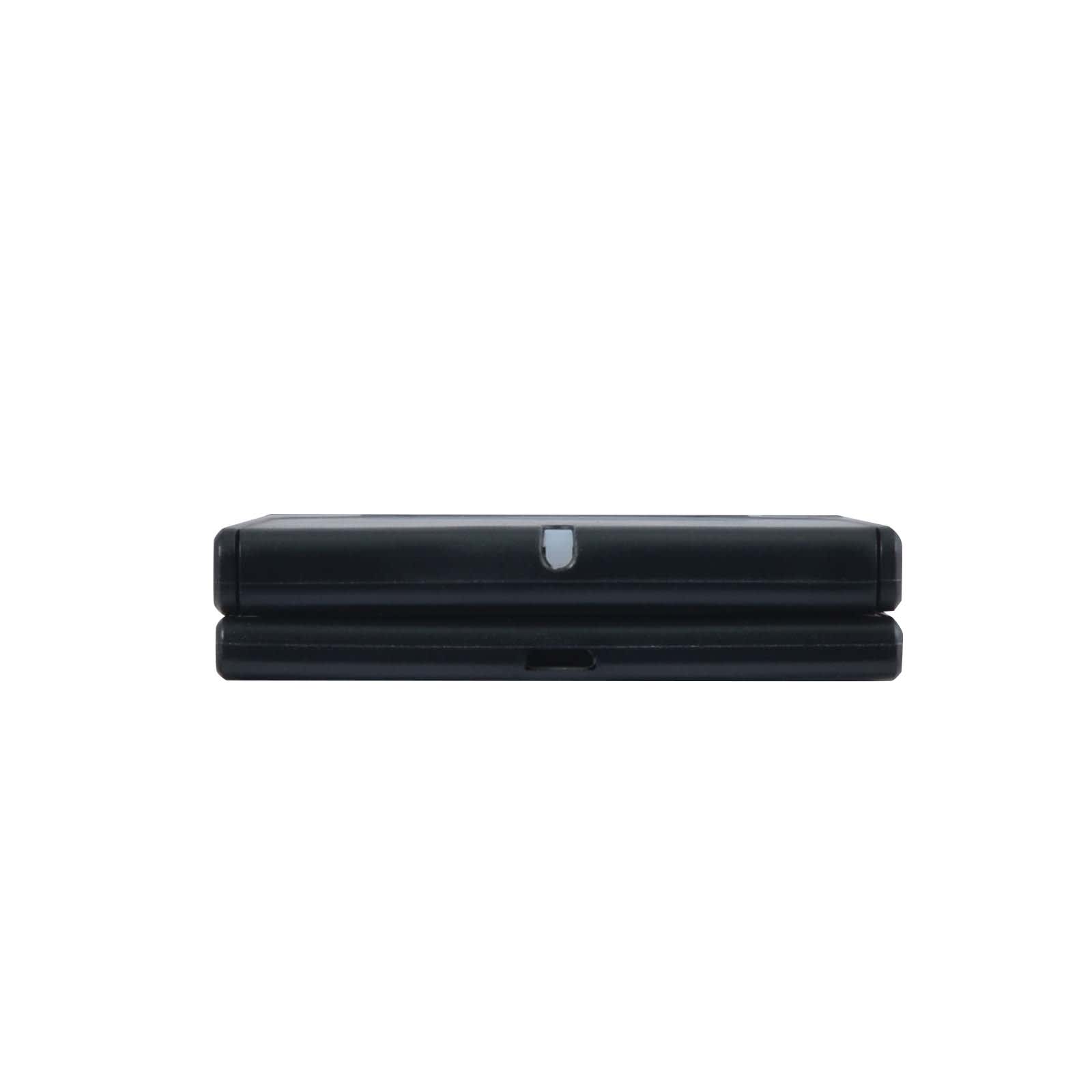A black wireless charger featuring a sleek design and a logo, with a charging port on the bottom.