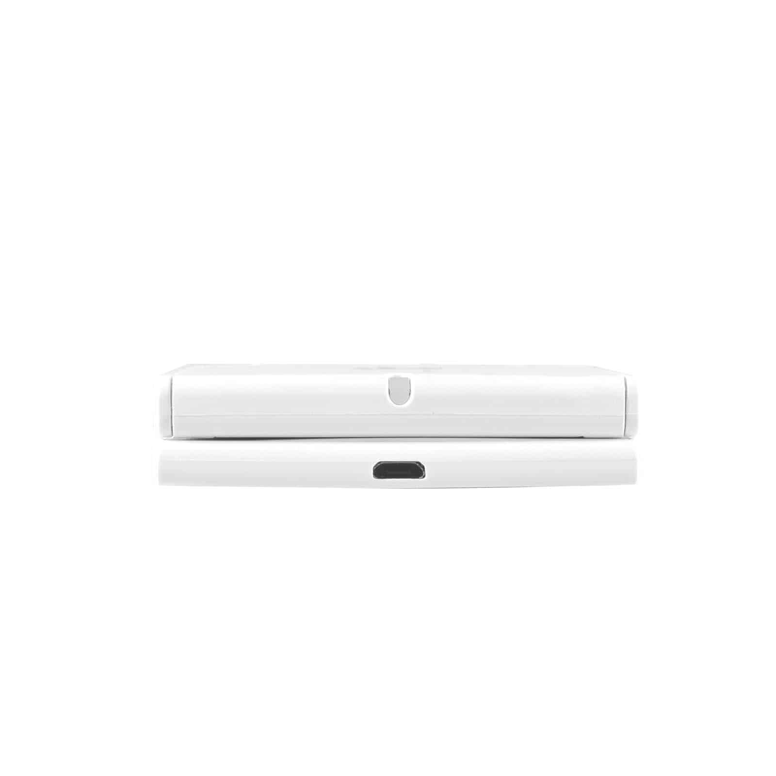 A white wireless charger with a sleek, minimalist design and a branding logo on the surface.