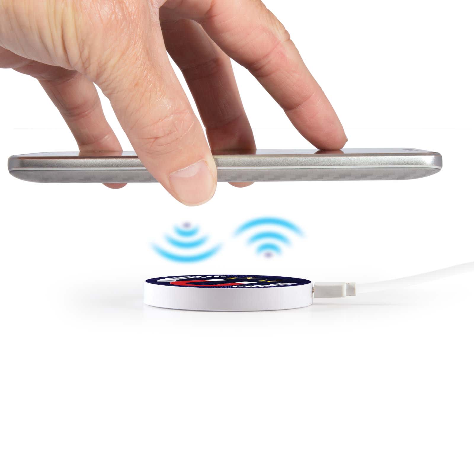 A wireless charger in white, with a hand placing a phone above it, featuring a logo design.