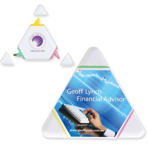 A triangular highlighter set featuring pink, yellow, and green colors, with a branding logo and design.