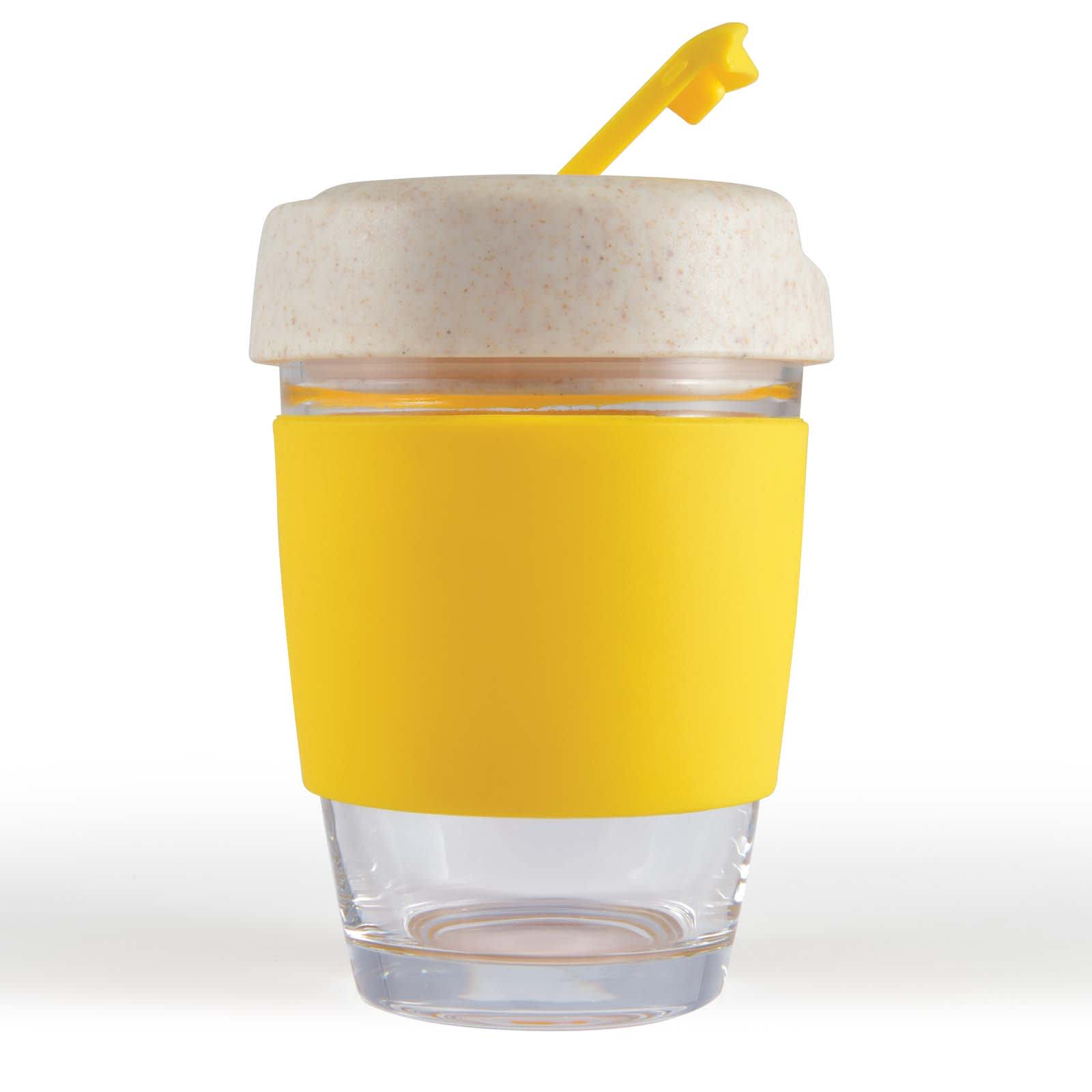 A reusable coffee cup in clear glass with a yellow silicone band and a light-colored lid. It features a logo.