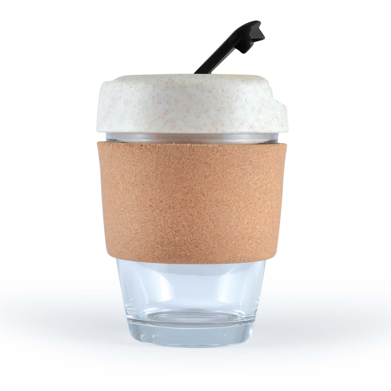 A reusable coffee cup with a clear glass body, a cork band for grip, and a white lid featuring a black straw.