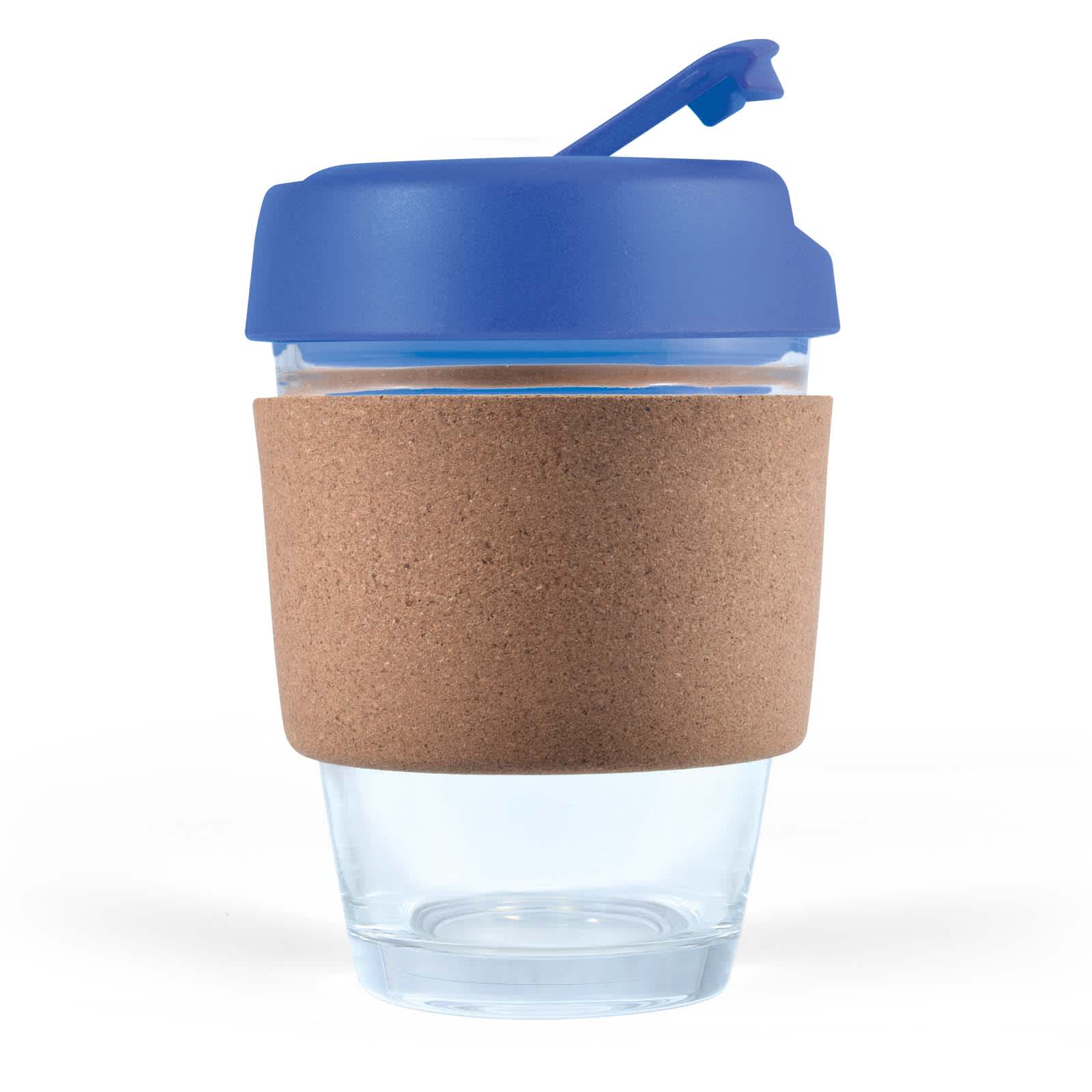 A reusable coffee cup featuring a transparent body, a blue lid, and a cork band for insulation.