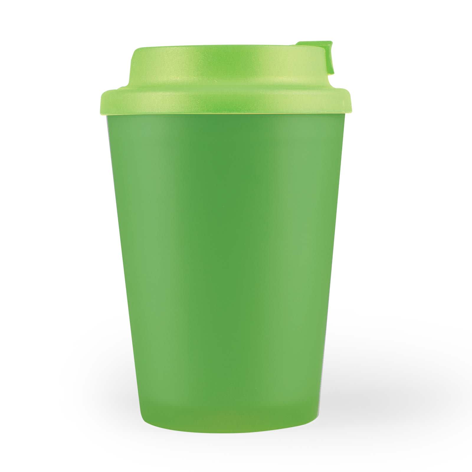 A reusable coffee cup in vibrant green with a matching comfort lid and a logo.