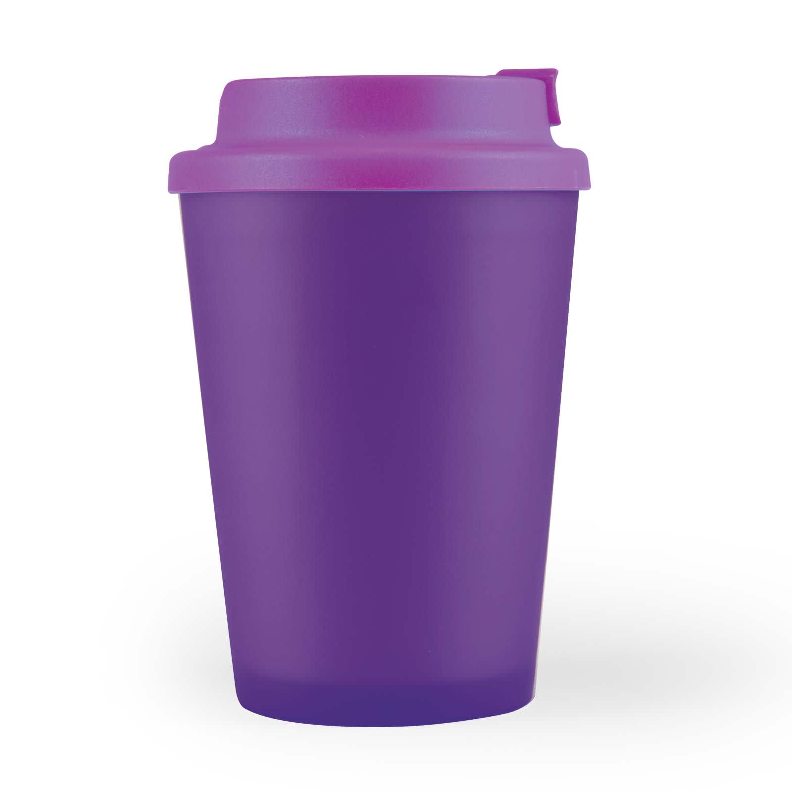 A reusable coffee cup in a vibrant purple color featuring a matching comfort lid.