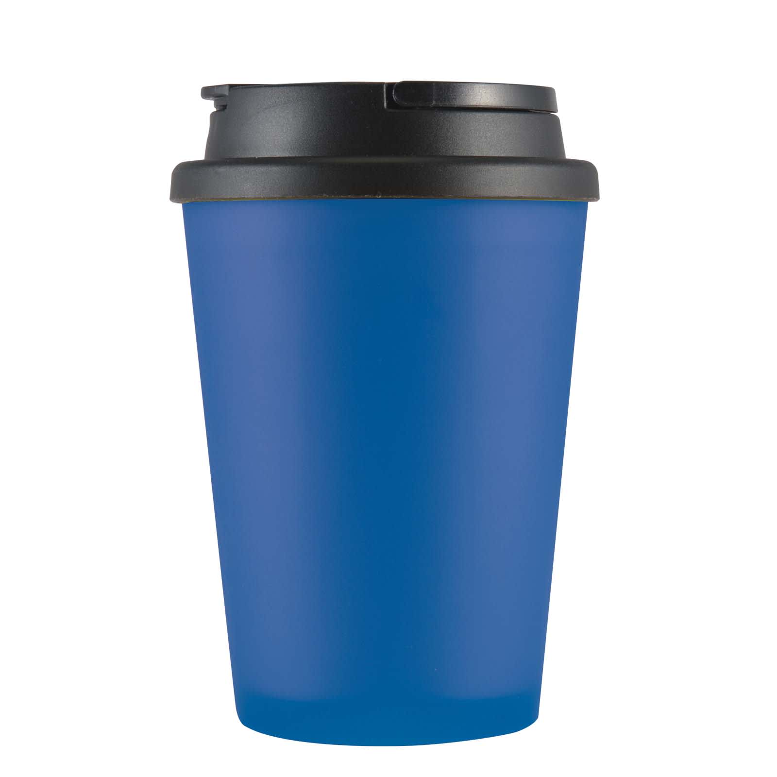 A coffee mug with a vibrant blue body and a black lid, designed for travel and convenience.